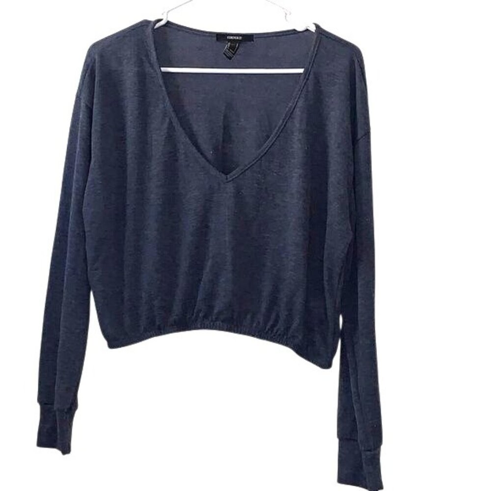 Forever 21 Womens V-Neck Long Sleeve Cropped Sweater Navy Blue Size L